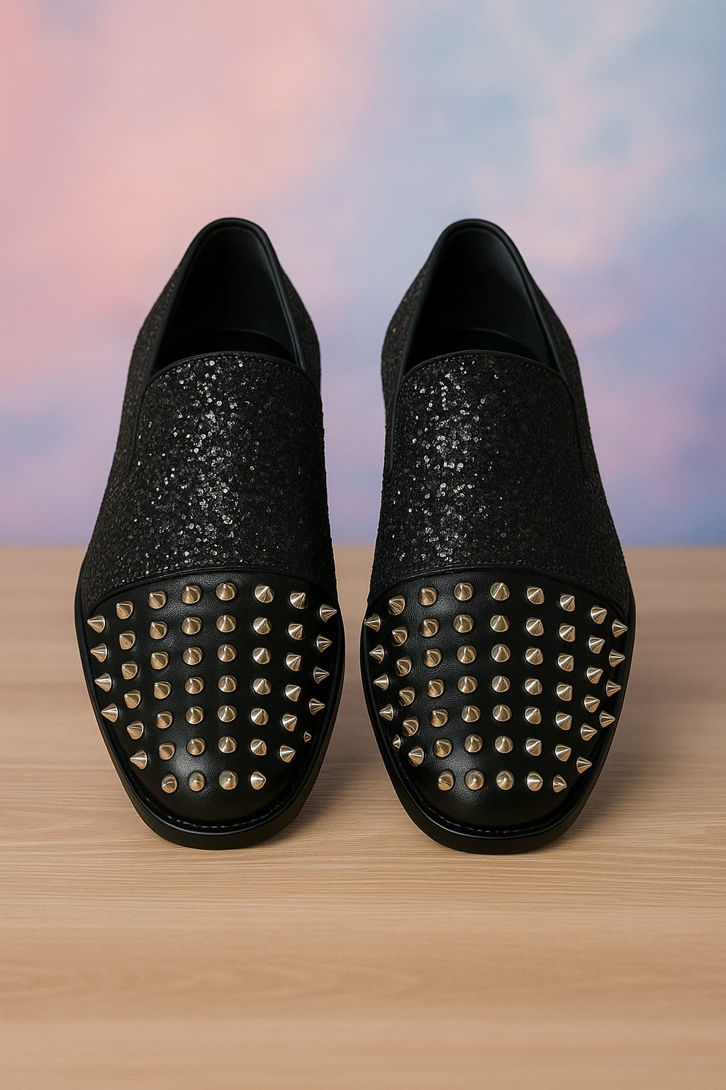 Men's Black Glitter Loafers with Spike Studded Toe – Designer Slip-On Dress Shoes for Parties and Events - US 9.5 Standard/D/ Medium / Eu:42