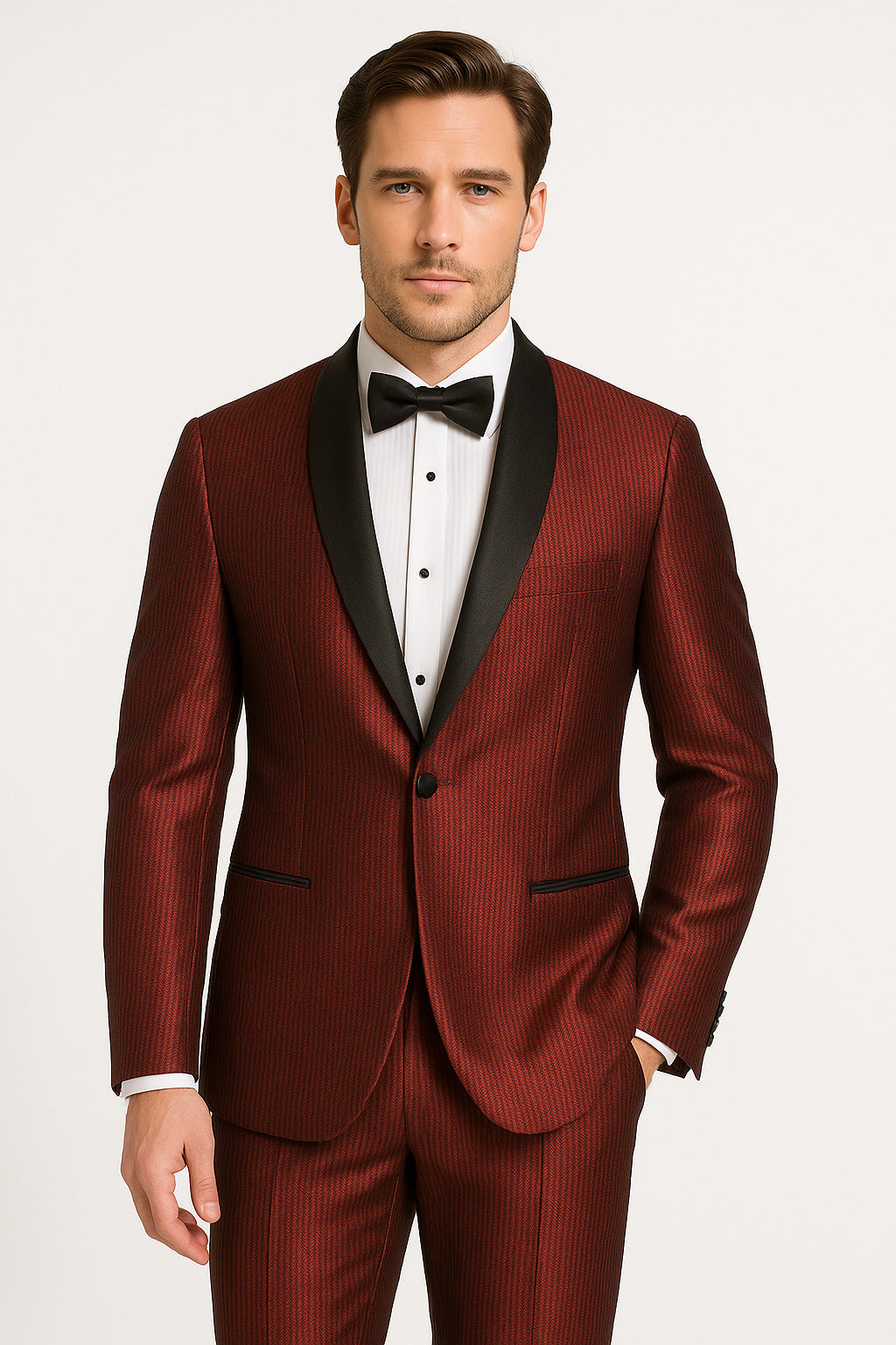Men's Burgundy Shiny Tuxedo with Black Satin Shawl Lapel â€“ Ultra Slim Fit Party & Prom Suit - 34 Short or Extra Small