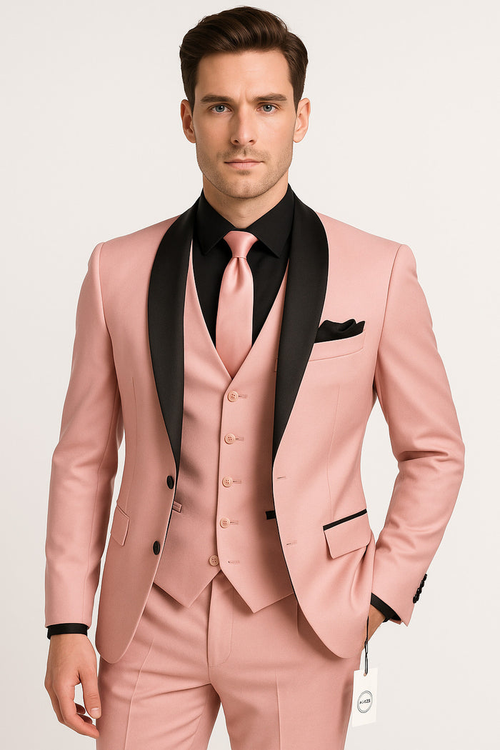 Men's Light Pink 3-Piece Tuxedo Suit with Black Satin Shawl Lapel â€“ Formal Wear - Ultra Slim Fitted in Blush color