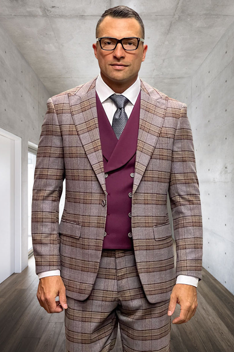 Men's Vested One Button Peak Lapel Wool Suit in Burgundy Windowpane Plaid - 36 Short