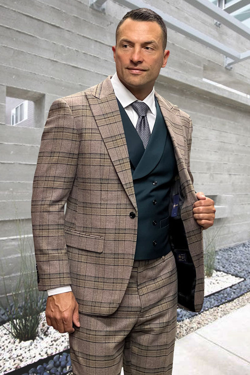 Men's Vested One Button Peak Lapel Wool Suit in Jade Green & Brown Windowpane Plaid - 36 Short