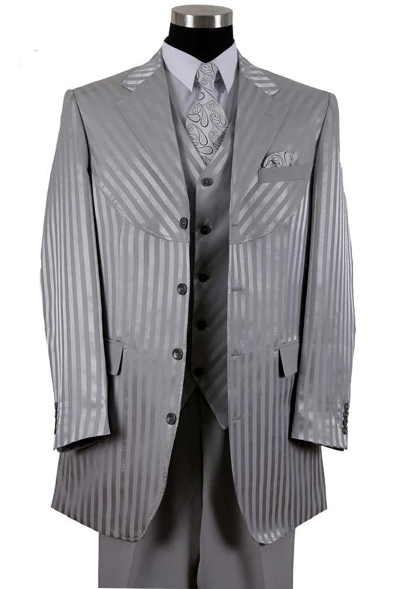 "Semi Wide Leg Men's Fashion Suit - 4 Button Shiny Tonal Stripe in Silver" - 38 Long