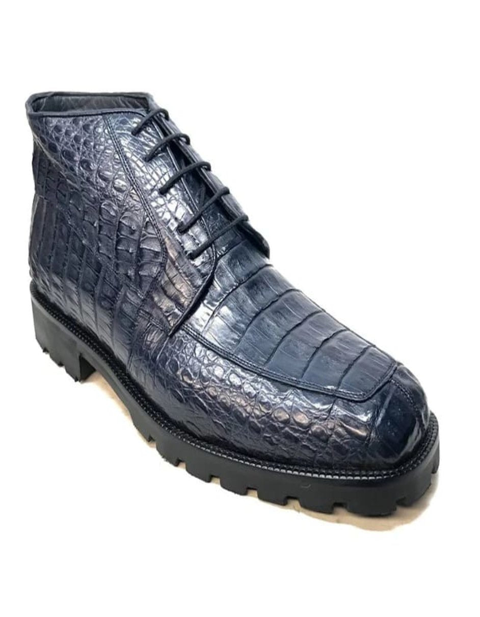 Los Altos Navy Blue All-Over Crocodile Lace Up Ankle Boots - 8