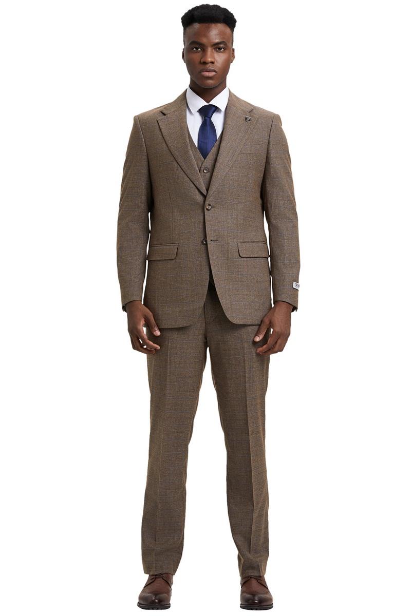 Men's Stacy Adams Modern Fit Vested Suit in Taupe Micro Check Plaid - 38 Regular