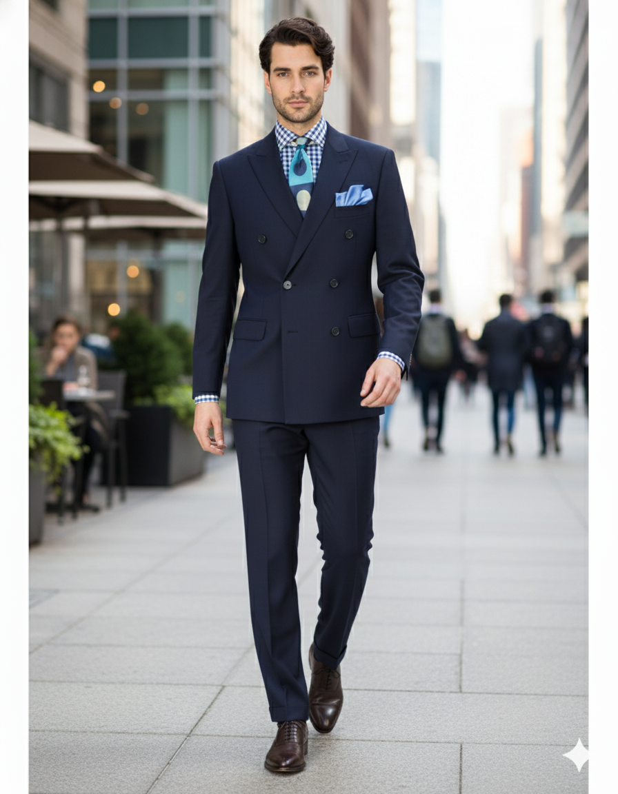Double Breasted Suits - Vested Suits Wool Fabric - Apolo King Brand - Navy Suit - 34 Short or Extra Small