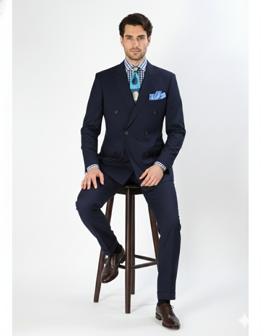 Double Breasted Suits - Vested Suits Wool Fabric - Apolo King Brand - Navy Suit - 34 Short or Extra Small
