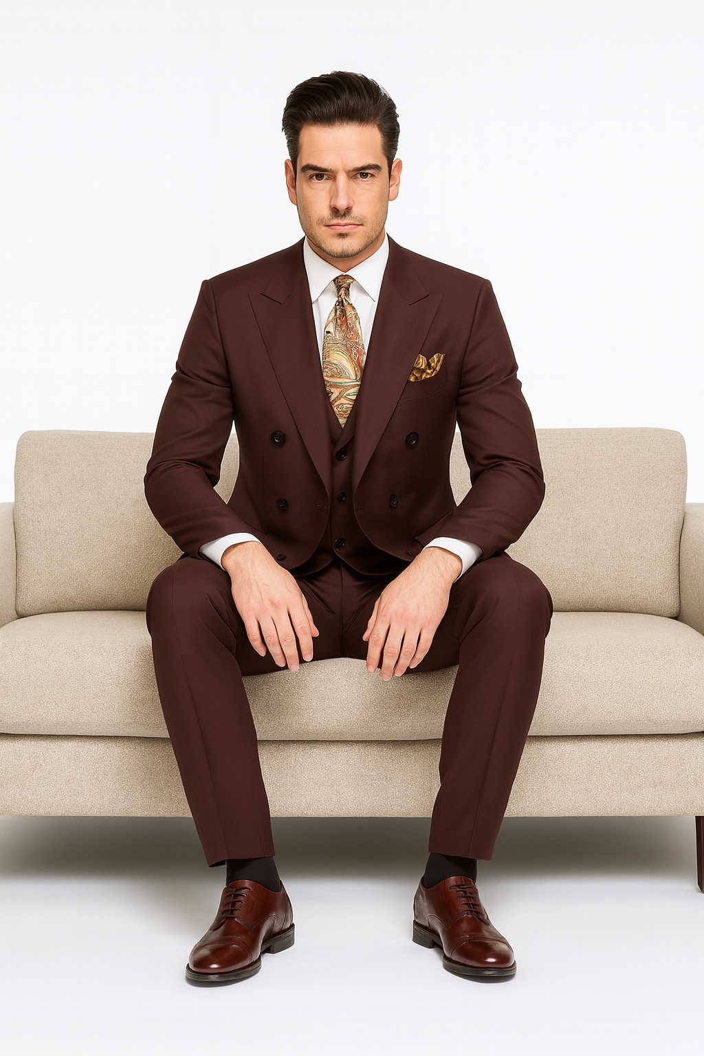 Double Breasted Suits - Vested Suits Wool Fabric - Apolo King Brand - Solid Brown Suit - Coat Size 38