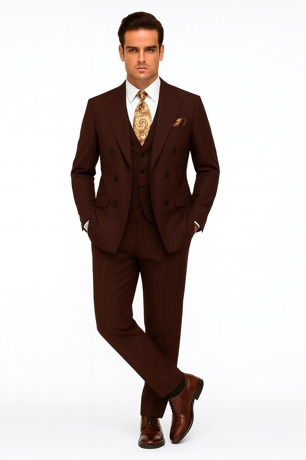 Double Breasted Suits - Vested Suits Wool Fabric - Apolo King Brand - Solid Brown Suit - Coat Size 38