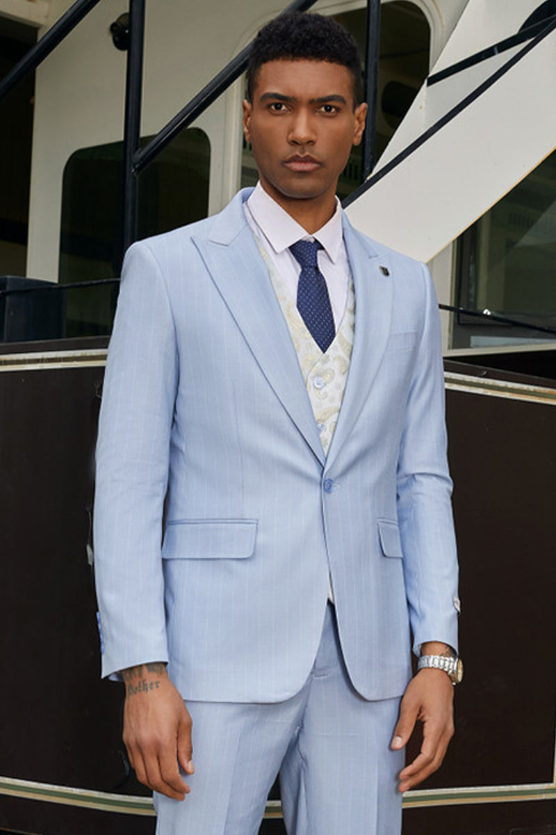"Stacy Adams Men's Modern One Button Vested Suit - Light Blue Pinstripe"