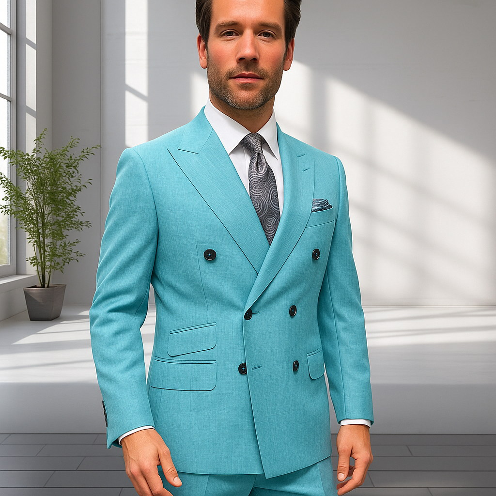 Wool Suit - Italian Made Business Suit by Statement Men's 2 Piece 100% Wool Double Breasted Suit - Pinstripe Pattern - 38R
