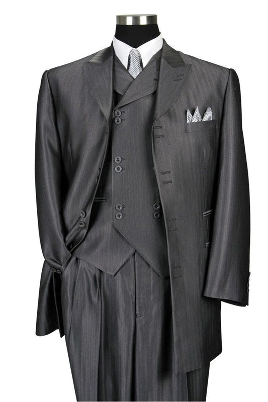 "Herringbone Stripe Men's Long Vested Suit in Grey - Fashion Tonal"