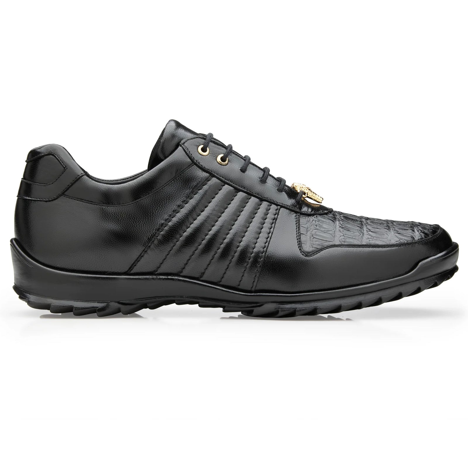 Men's Belvedere Astor Soft Calf & Caiman Crocodile Hornback Dress Sneaker in Black - 8-M