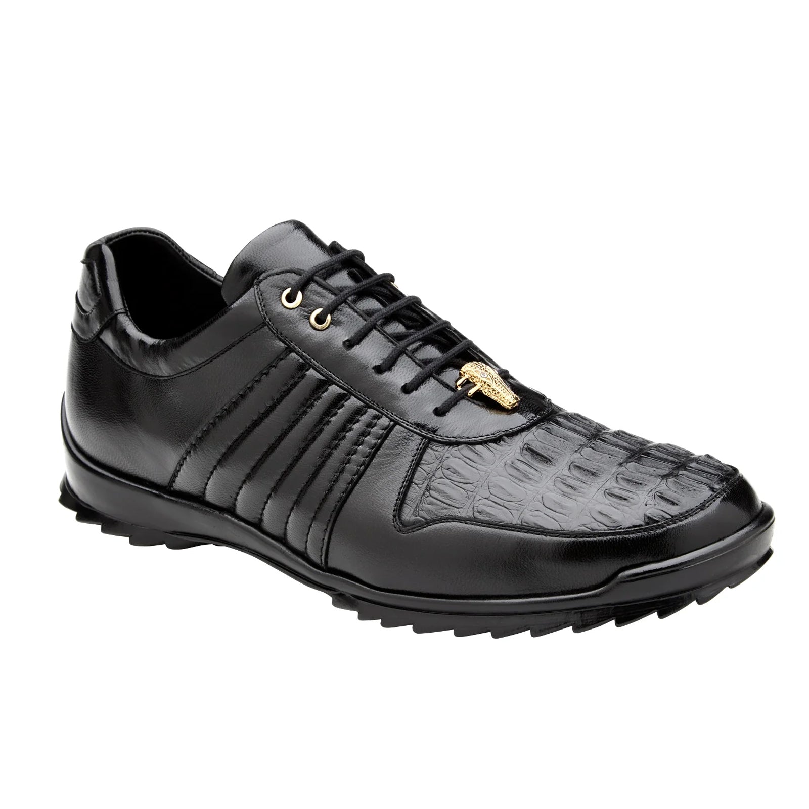 Men's Belvedere Astor Soft Calf & Caiman Crocodile Hornback Dress Sneaker in Black - 8-M