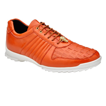 Men's Belvedere Astor Soft Calf & Caiman Crocodile Hornback Dress Sneaker in Orange - 8-M