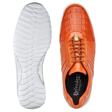 Men's Belvedere Astor Soft Calf & Caiman Crocodile Hornback Dress Sneaker in Orange - 8-M