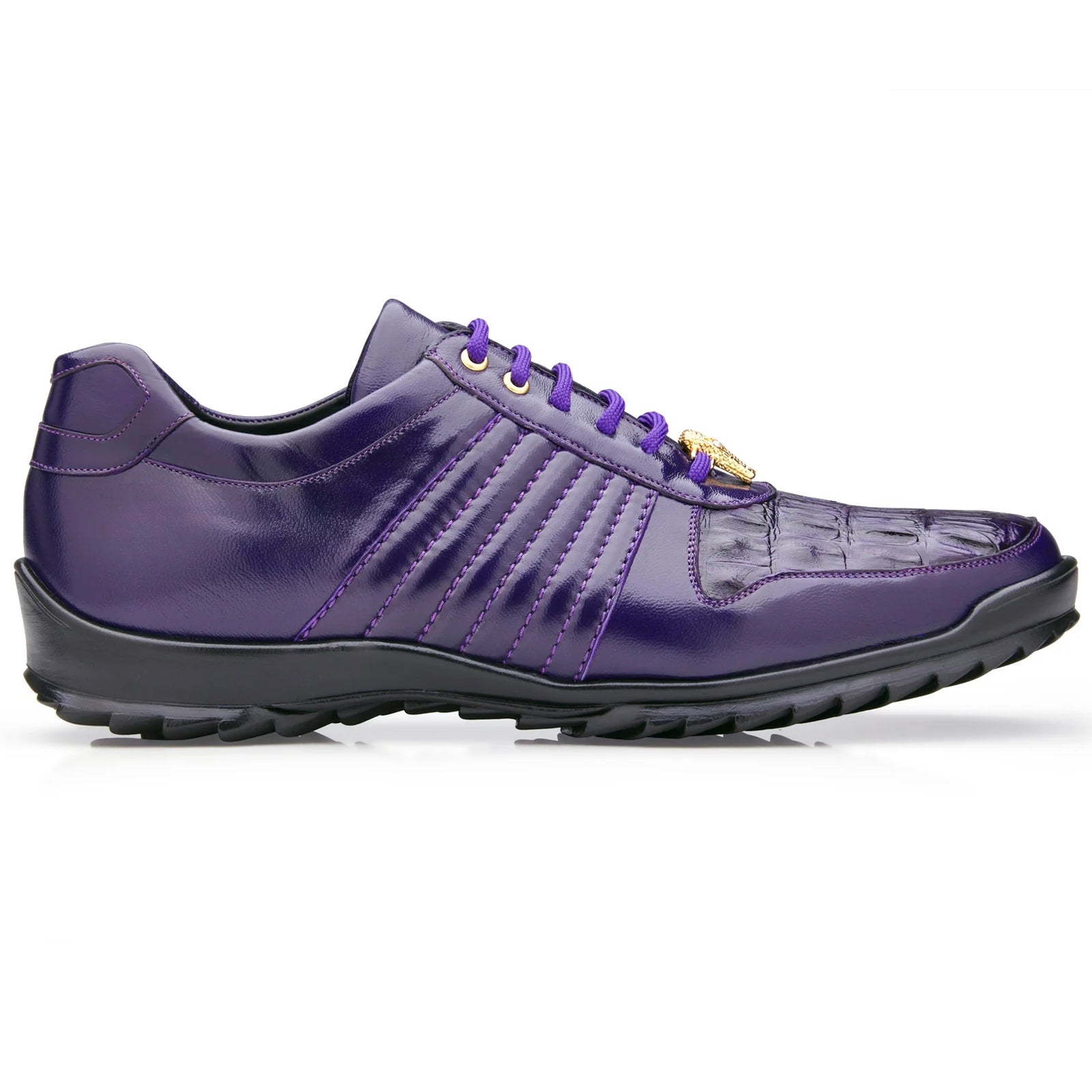 Men's Belvedere Astor Soft Calf & Caiman Crocodile Hornback Dress Sneaker in Purple - 8-M