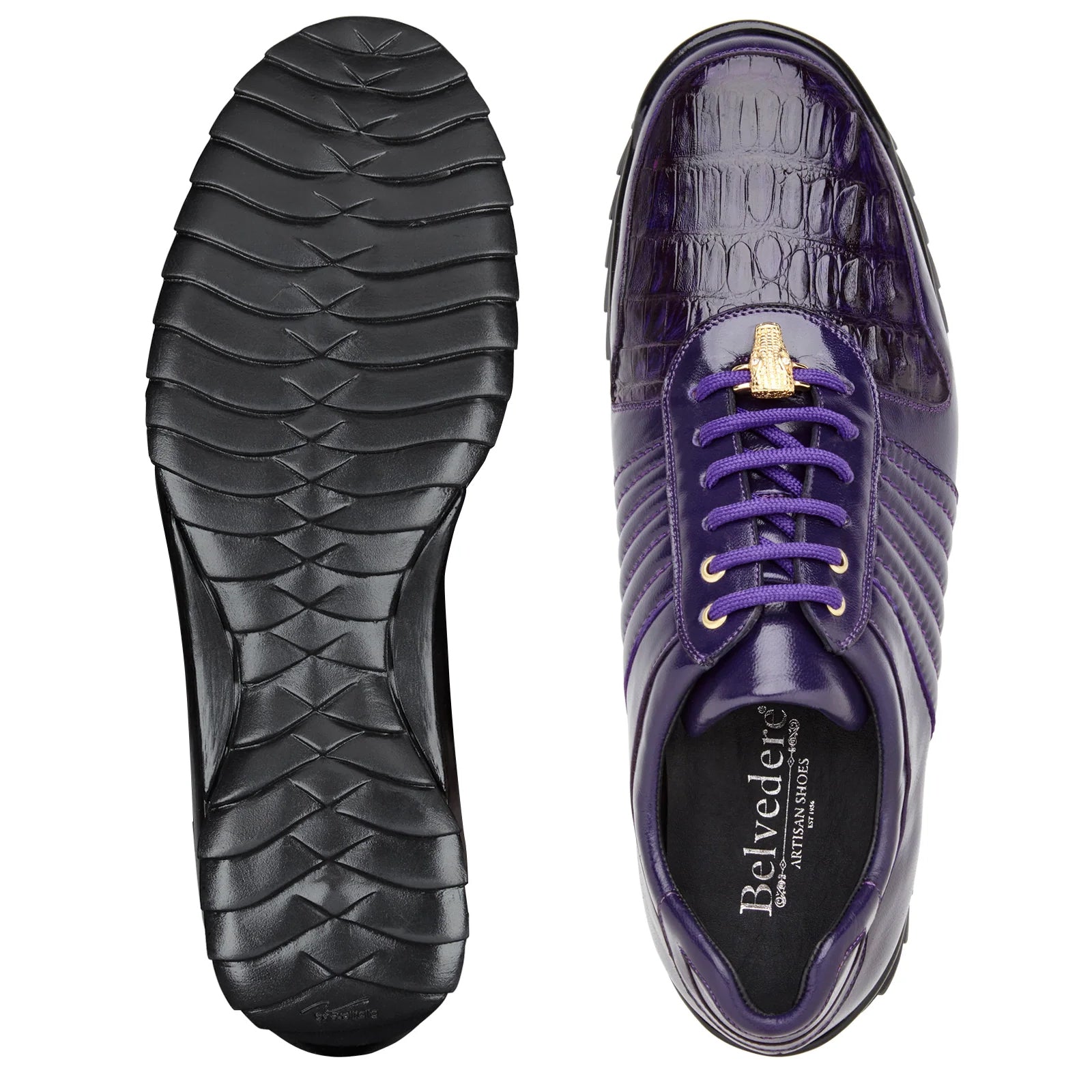 Men's Belvedere Astor Soft Calf & Caiman Crocodile Hornback Dress Sneaker in Purple - 8-M