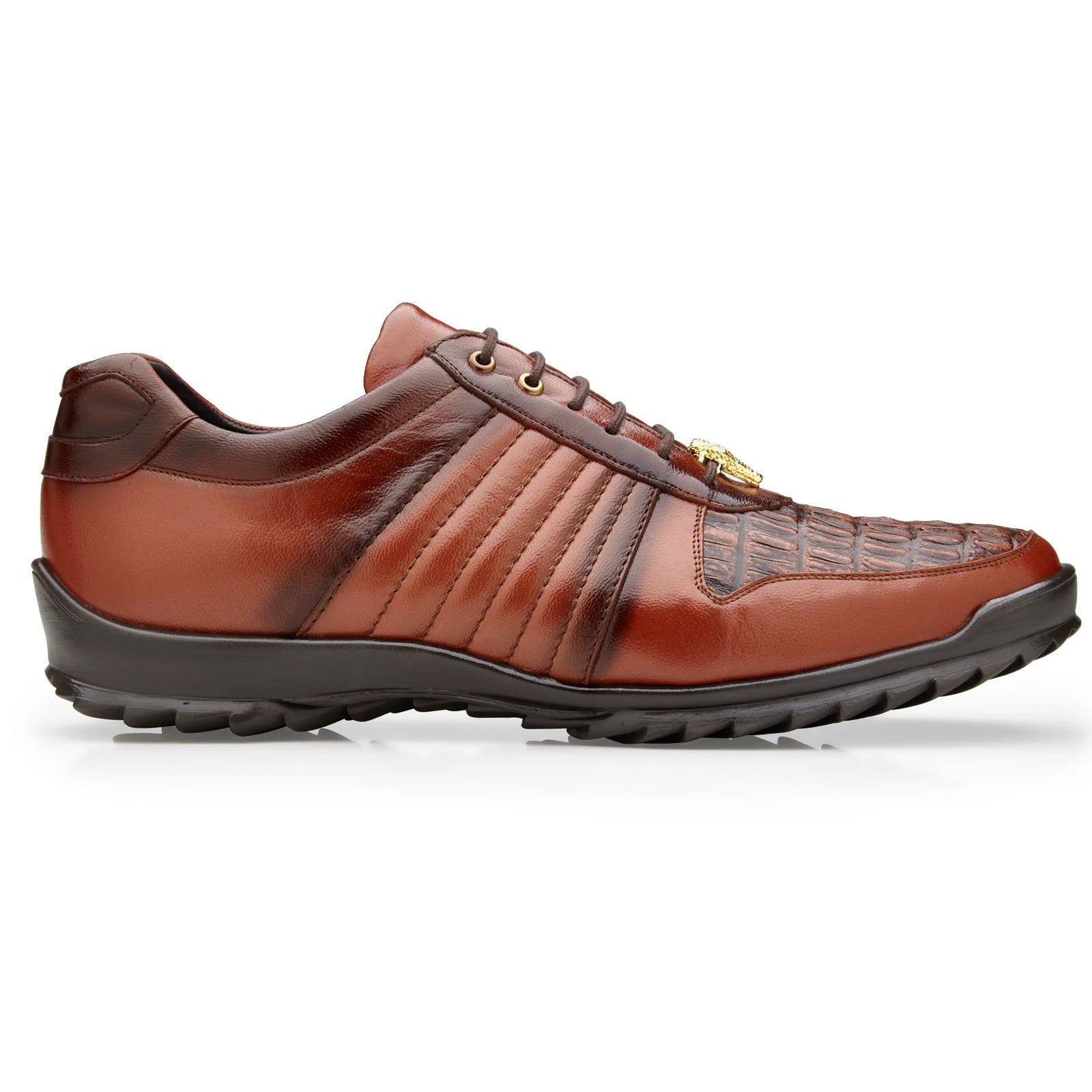 Men's Belvedere Astor Soft Calf & Caiman Crocodile Hornback Dress Sneaker in Cognac - 8-M