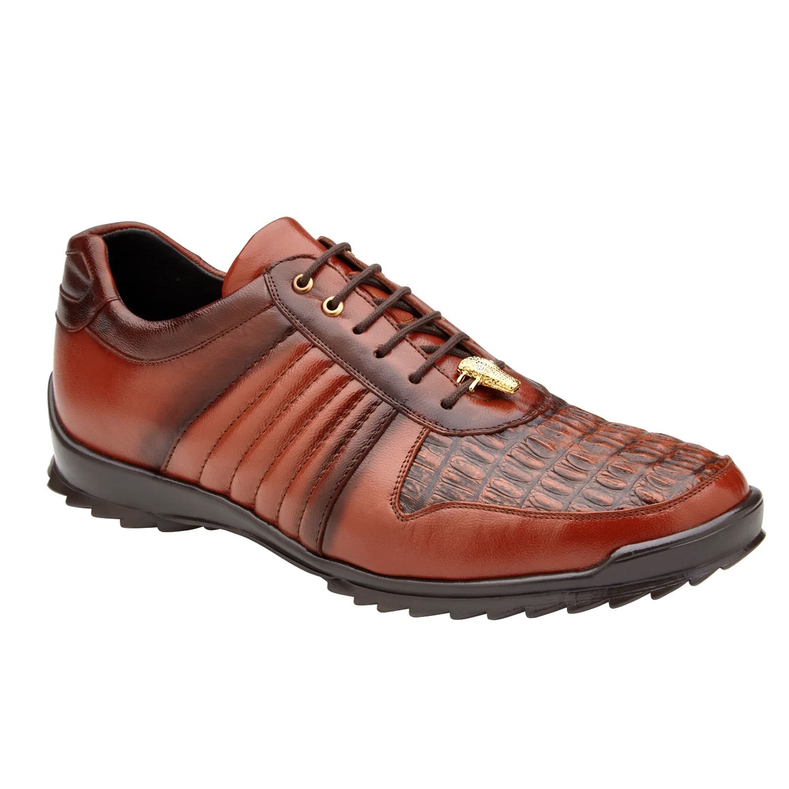 Men's Belvedere Astor Soft Calf & Caiman Crocodile Hornback Dress Sneaker in Cognac - 8-M