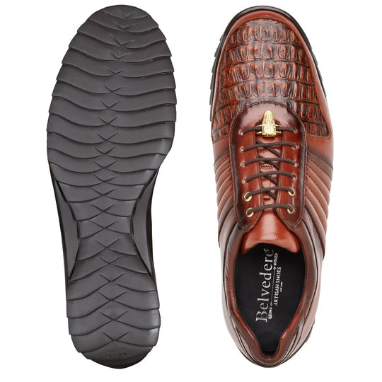 Men's Belvedere Astor Soft Calf & Caiman Crocodile Hornback Dress Sneaker in Cognac - 8-M