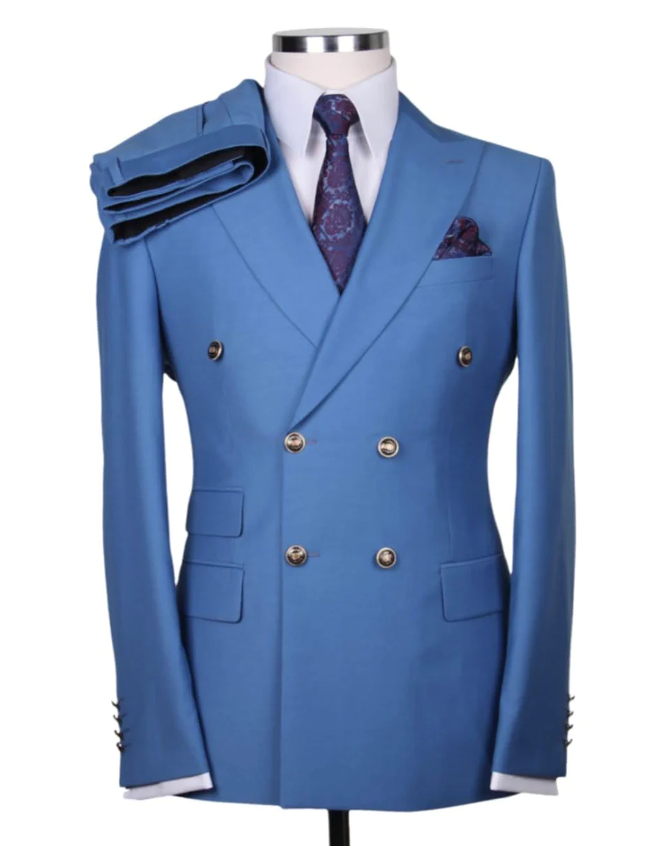 Best Mens Designer Modern Fit Double Breasted Wool Suit with Gold Buttons in Sky Blue - For Men  Fashion Perfect For Wedding or Prom or Business  or Church