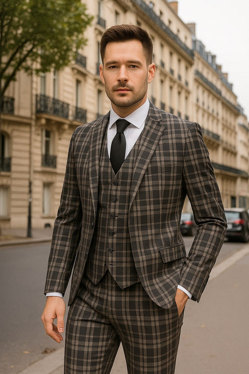 Men's Black and White Plaid Three-Piece Suit â€“ Modern Slim Fit Tuxedo for Church and Business