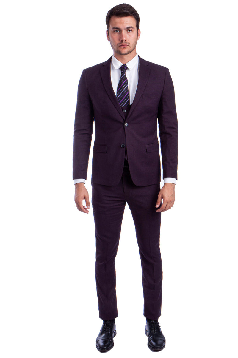 "Burgundy Men's Skinny Fit Vested Suit - Two Button Style" - 34 Short