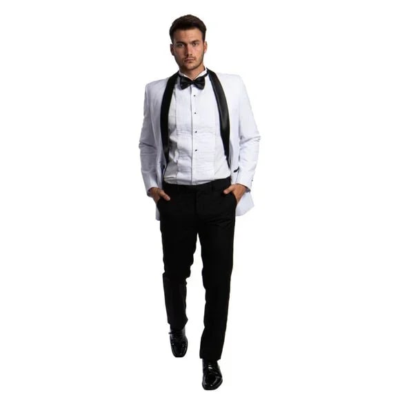 Mens White Tuxedo 2-PC Slim Fit, By Azzuro - 38 Short Jacket+32 Waist Adjustable 28to34)(Height: 5 4 to5 7 )(Neck  15-16.5)S-M)