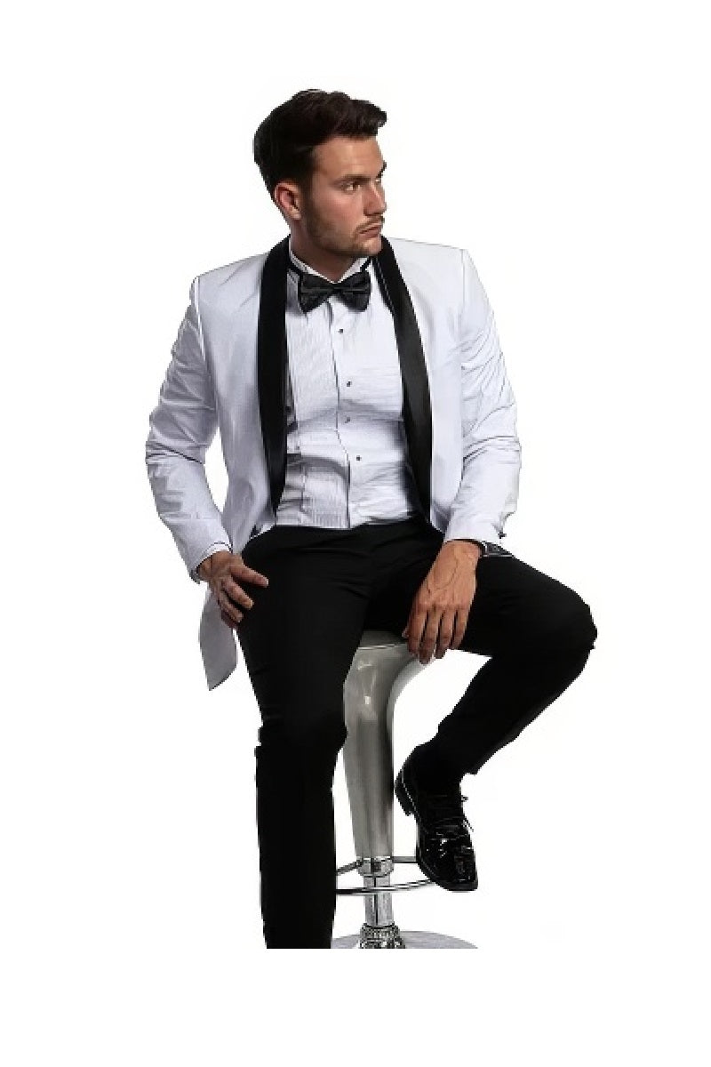 Mens White Tuxedo 2-PC Slim Fit, By Azzuro - 38 Short Jacket+32 Waist Adjustable 28to34)(Height: 5 4 to5 7 )(Neck  15-16.5)S-M)