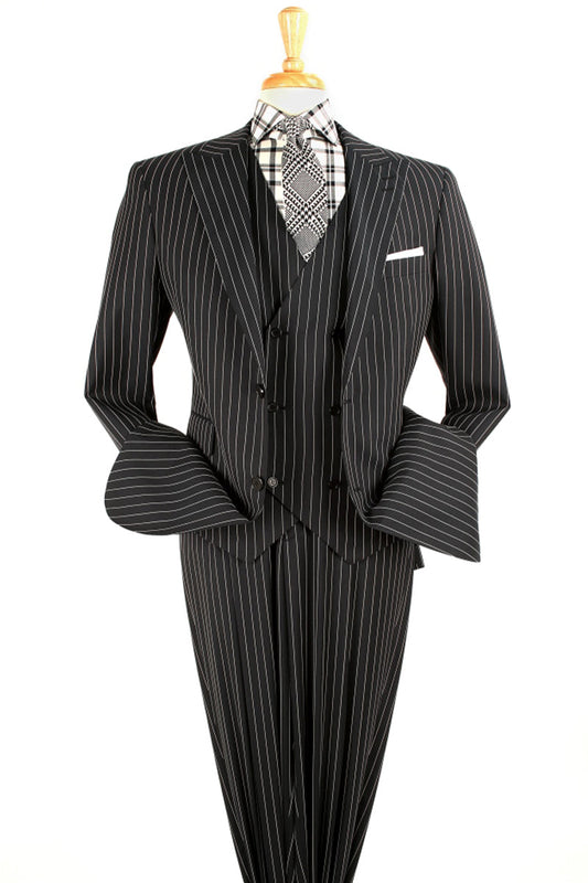 Mens Vested 1920's Wide Bold Gangster Pinstripe Suit in Black