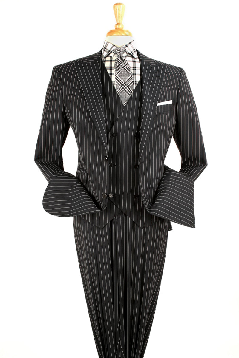 Mens Vested 1920's Wide Bold Gangster Pinstripe Suit in Black