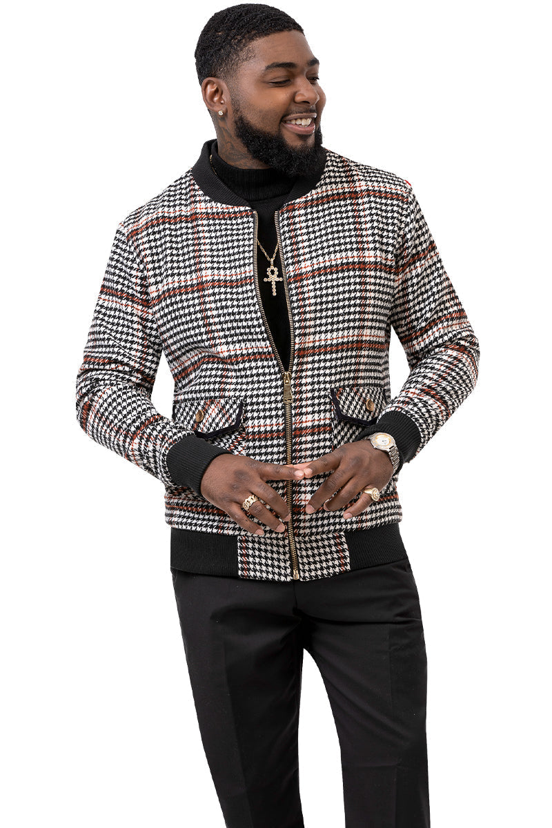 Men's Modern Fit Bomber Jacket inBlack & White Plaid Houndstooth - XS