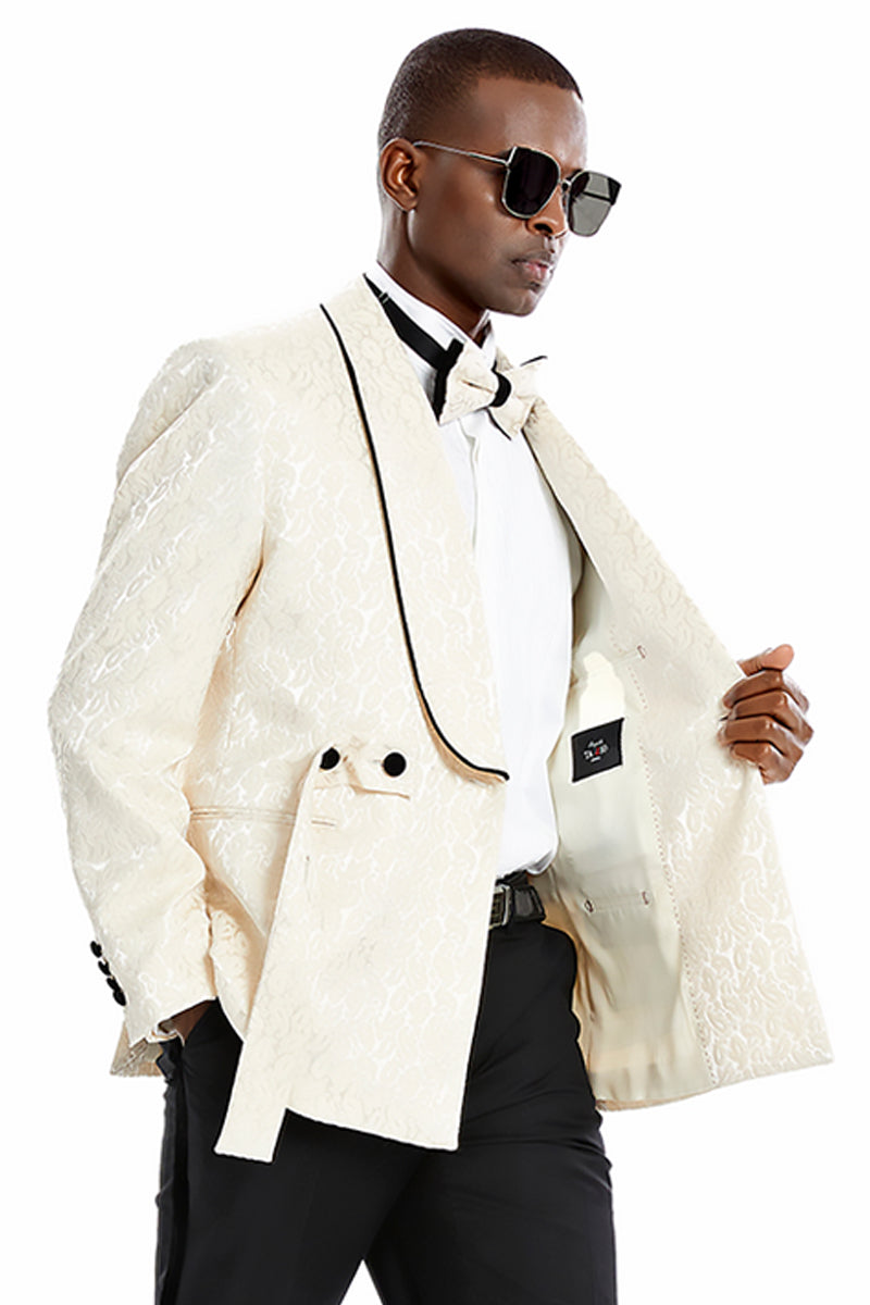 Champagne Tan Paisley Men's Slim Fit Double Breasted Tuxedo Jacket - 34 Short