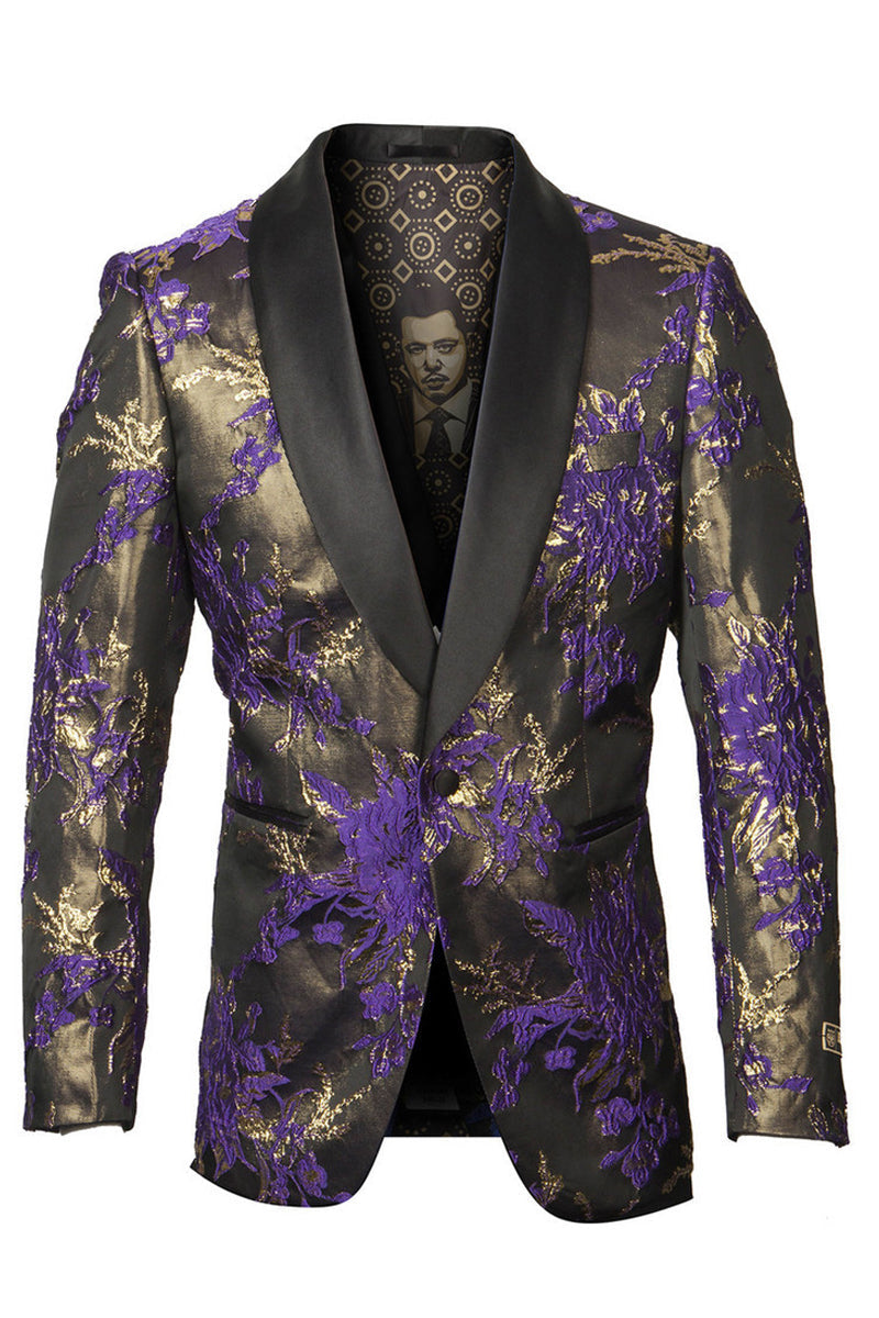 "Paisley Prom Tuxedo Jacket - Men's Shiny Satin in Purple & Gold"