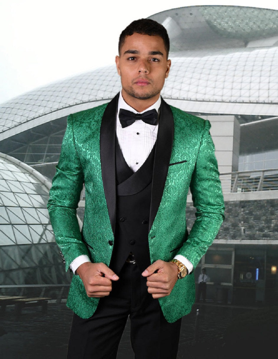 Mens Vested Shawl Lapel Paisley Tuxedo in Emerald Green - 34 Short
