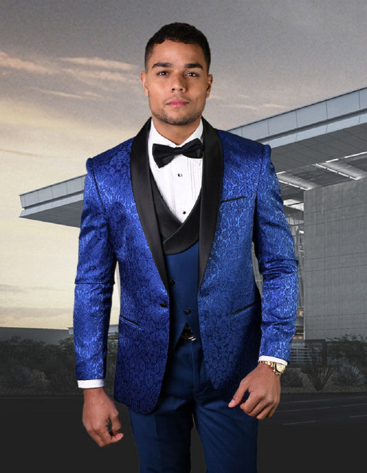 Mens Royal Blue Prom 2025 Tuxedo - Mens One Button Royal Blue Tuxedo with Double Breasted Vest