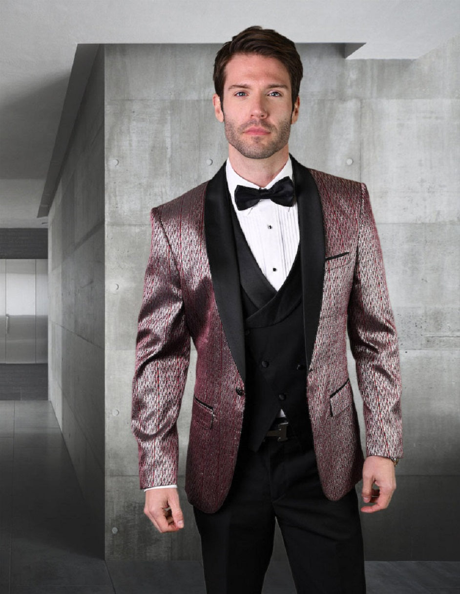 Mens Vested One Button Shawl Lapel Herringbone Tuxedo in Burgundy - 34 Short