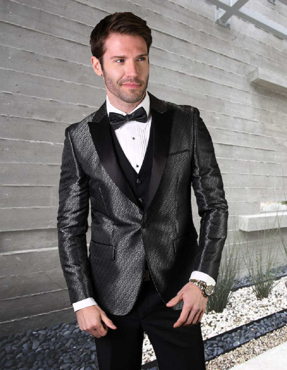 Mens Vested Peak Lapel Shiny Pattern Tuxedo in Black - 34 Short