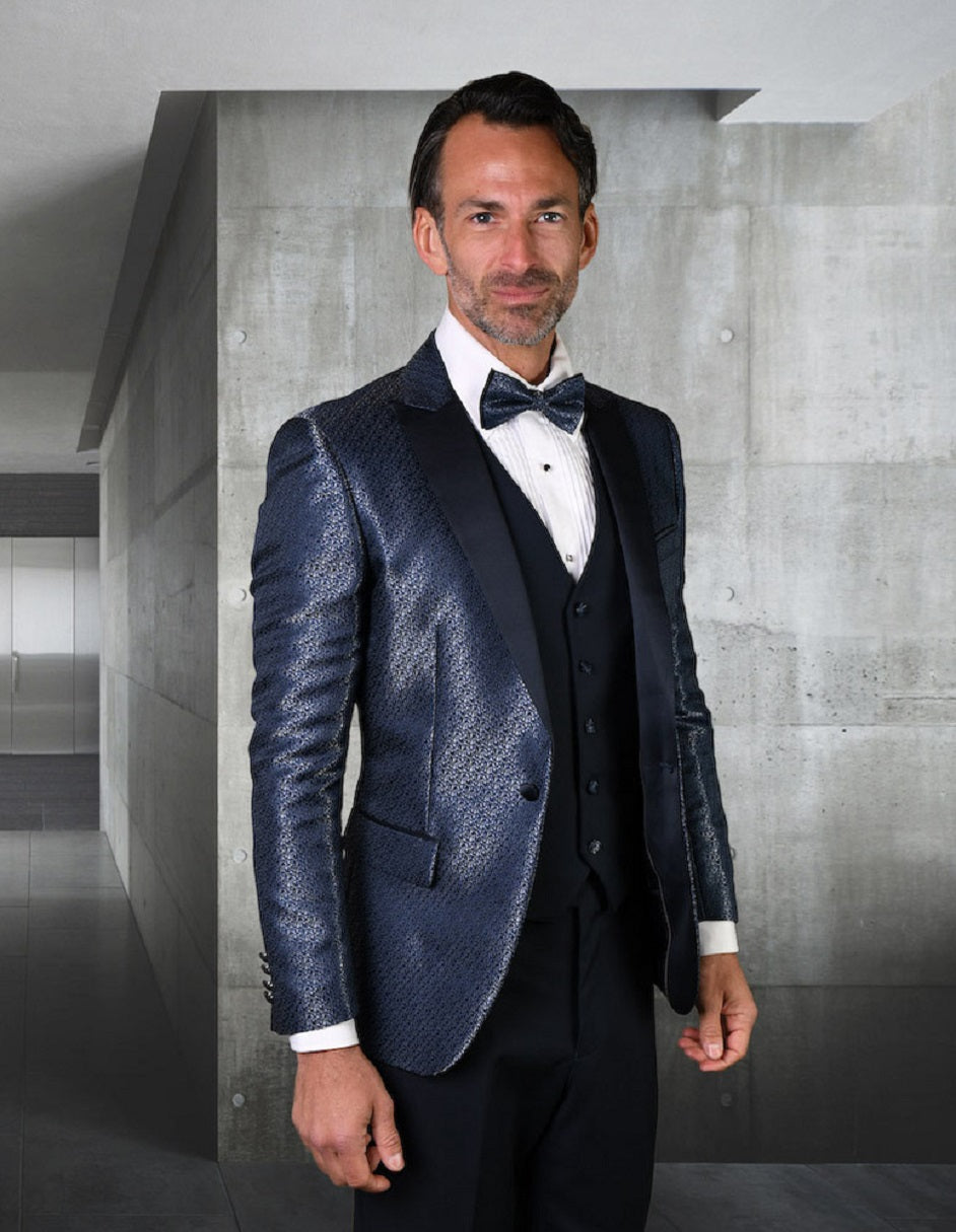 Mens Vested Peak Lapel Shiny Pattern Tuxedo in Navy - 34 Short
