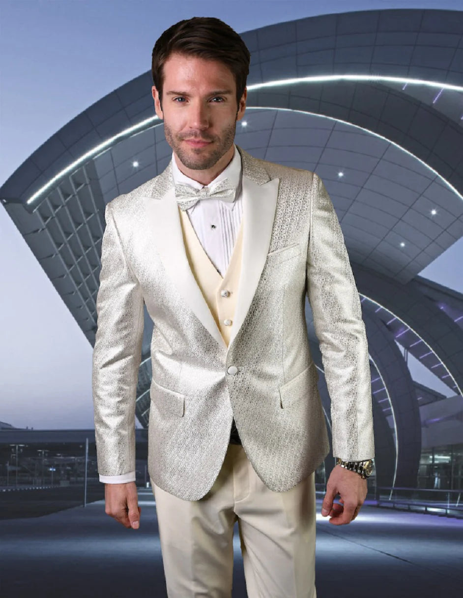 "Mens Vested Peak Lapel Shiny Pattern Tuxedo Suit in Ivory"