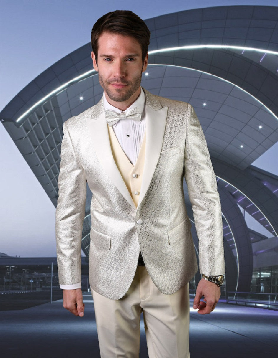 Mens Vested Peak Lapel Shiny Pattern Tuxedo in Ivory - 34 Short