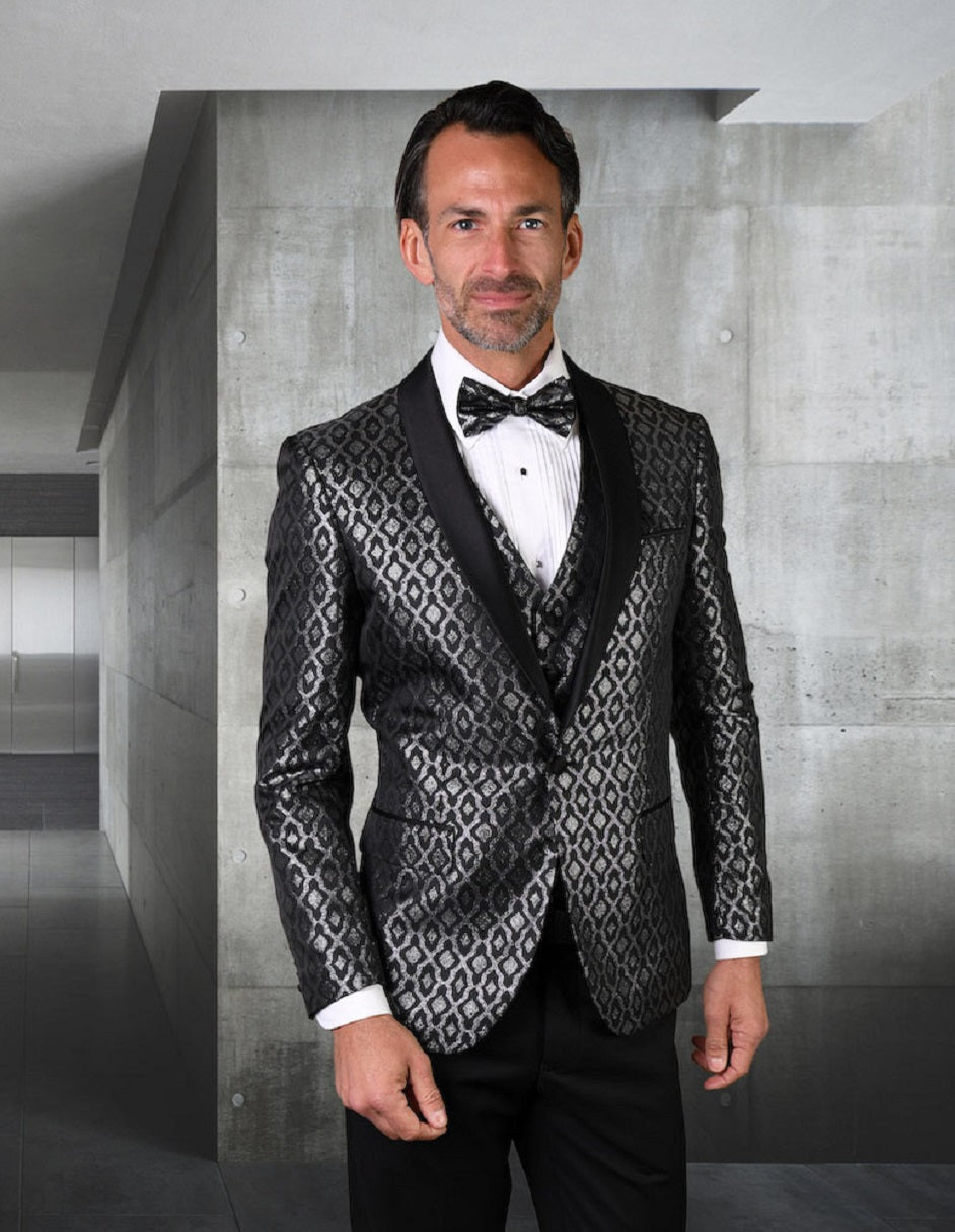 Mens Vested Shiny Diamond Print Tuxedo in Black - 34 Short