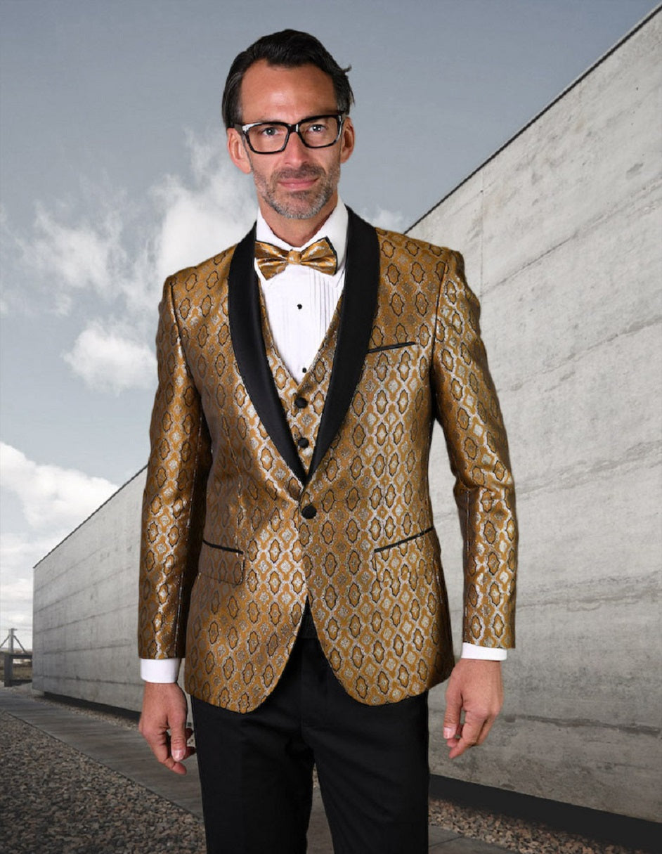 Mens Vested Shiny Diamond Print Tuxedo in Gold - 40 Short