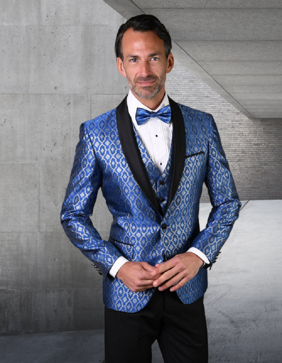 Mens Vested Shiny Diamond Print Tuxedo in Royal Blue - 34 Short