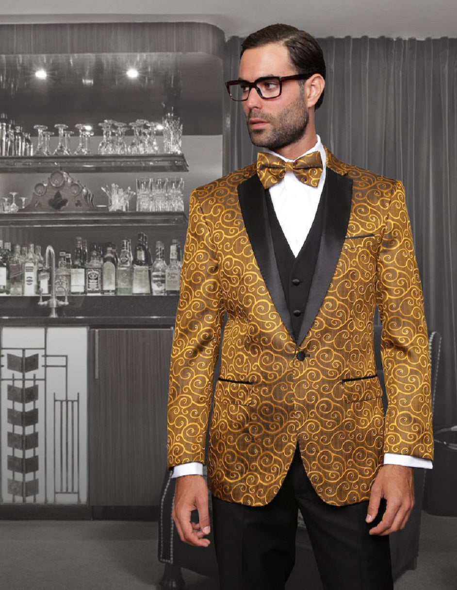 Mens Vested Swirl Patter Notch Lapel Tuxedo in Gold - 38 Short