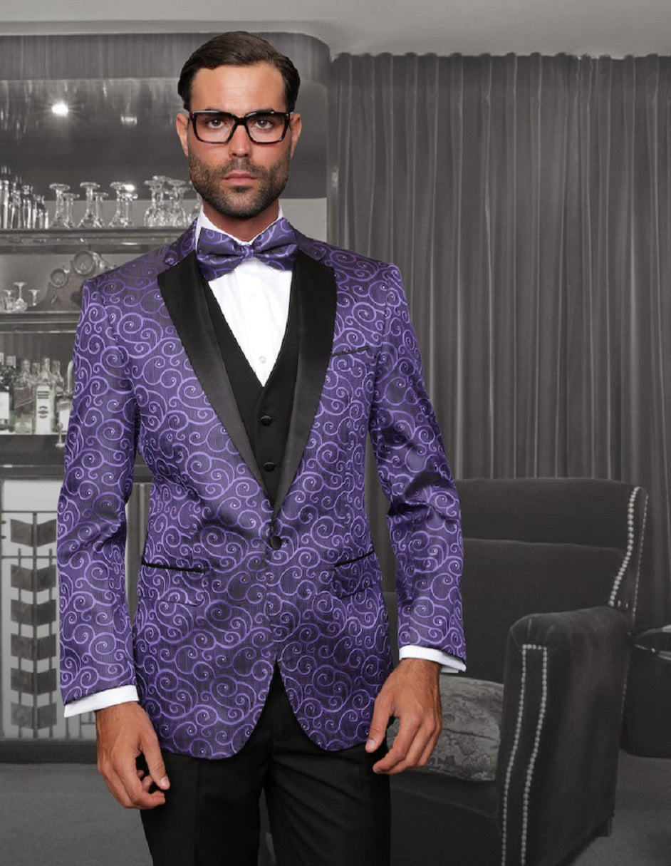 Mens Vested Swirl Patter Notch Lapel Tuxedo in Purple - 40 Short