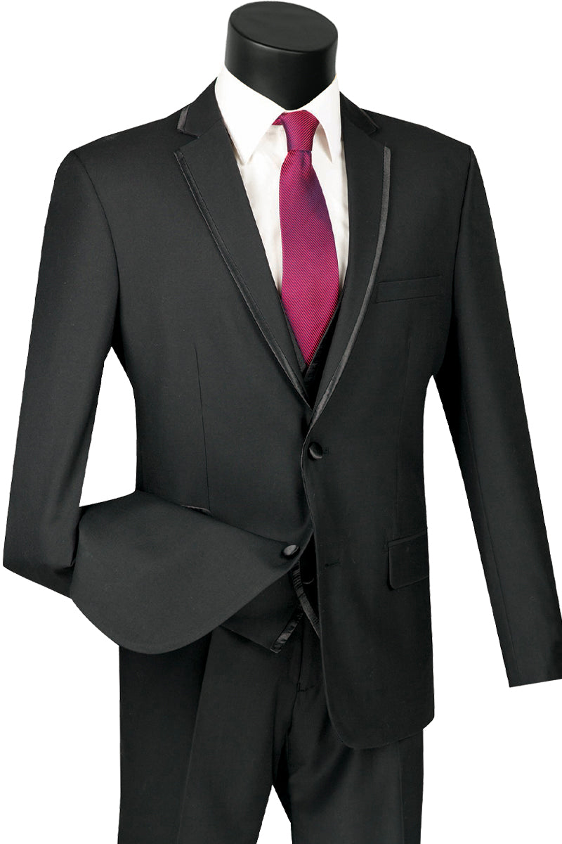 Mens Slim Vested Tuxedo Suit with Satin Trim in Black - 36 Short