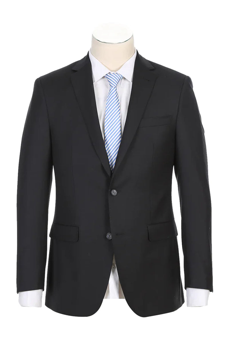 "Black Wool Suit: Modern Fit, Two-Button Designer Menswear"