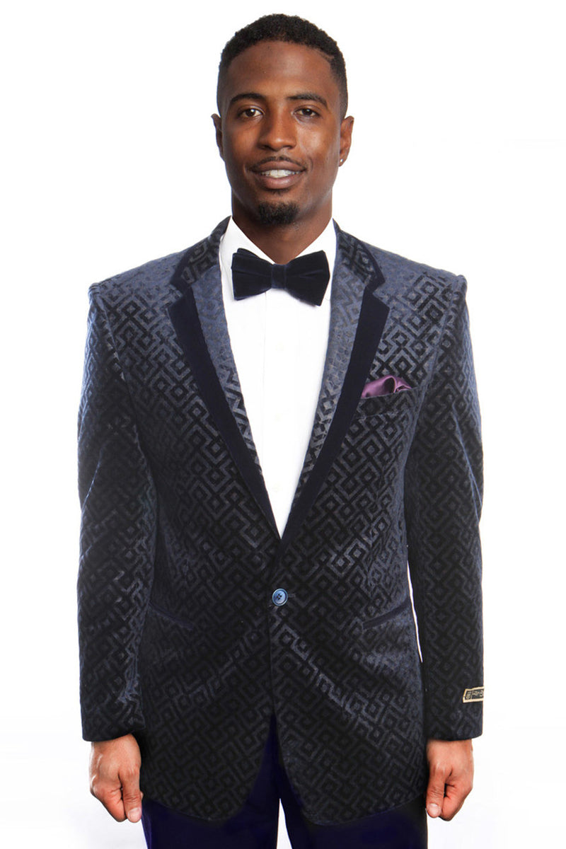 "Retro Diamond Print Men's Velvet Tuxedo Jacket - Navy Prom Wear"