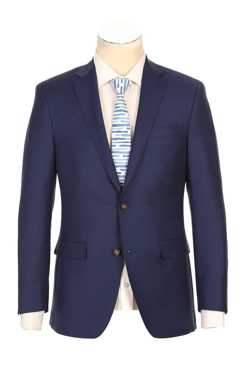 "Indigo Blue Modern Fit Wool Suit - Men's Designer Two Button Half Canvas"